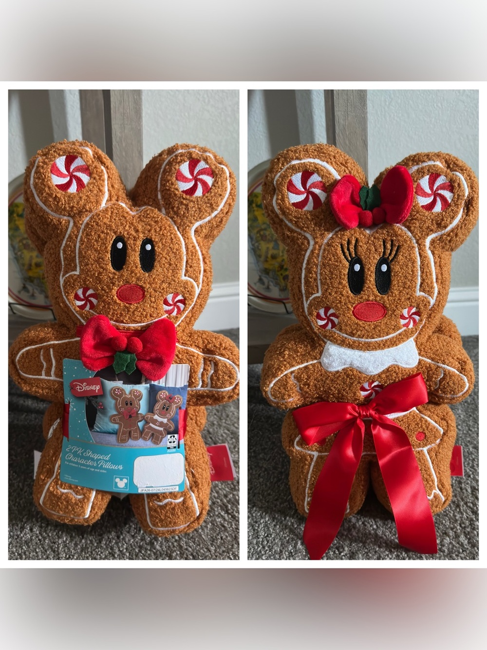 Disney 15” Gingerbread Mickey & Minnie Mouse Plush Pillow Set of 2